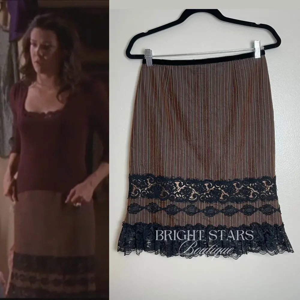 Rare Brown Stripe Lace Trim Pencil Skirt ASO Lorelai Gilmore Girls Vintage Y2K